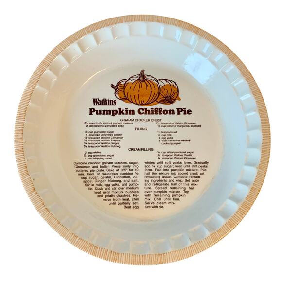 Watkins Stoneware Pumpkin Chiffon Recipe Deep Pie Plate 11" Recipe Vtg 1981 - Picture 1 of 12